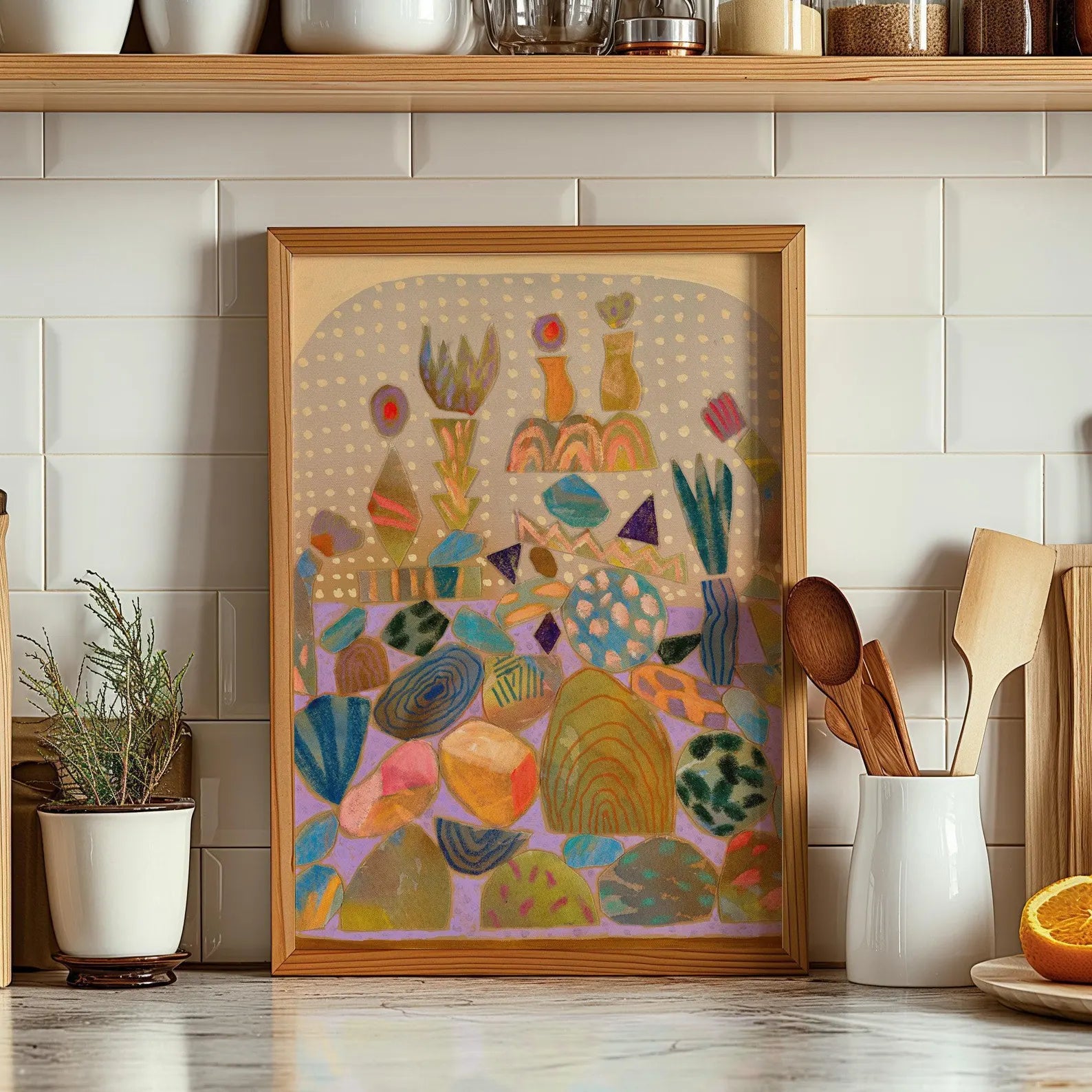 Mid-Century Modern Pink Rock Collage Art
