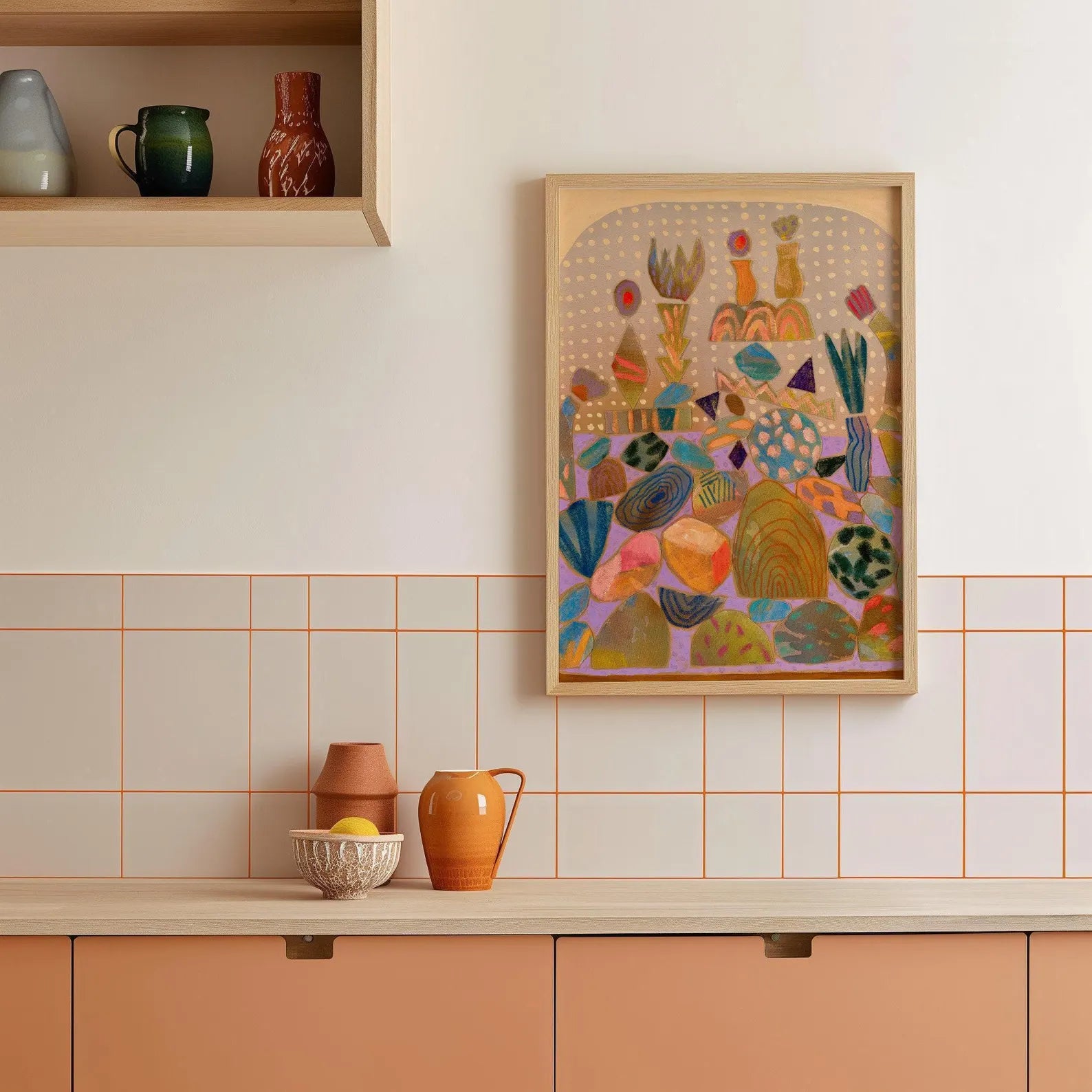 Mid-Century Modern Pink Rock Collage Art